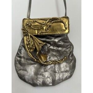 Vintage Copa Collection Brutalist Brass Amethyst Purse Metallic Leather